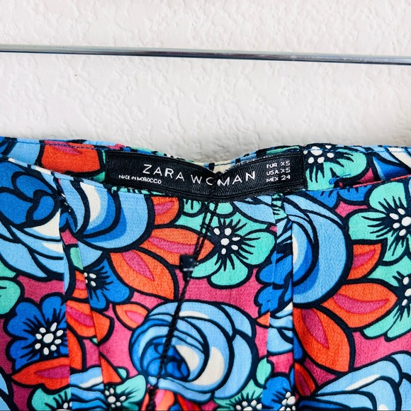 NWT ZARA WOMAN Brown & Blue Roses Floral Pleated Skater Mini Skirt - Picture 7 of 9